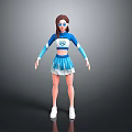 Woman Wearing Blue And White Cheerleader Uniform With Crop Top Skirt And White Shoes