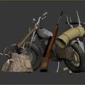 Adventure Motorcycle With Hanging Iron Pot Rolled Yellow Gear Axe Wooden Stump And Animal Skull