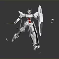 Silver Mecha Character With Red Core Holding Spear Shield In Dynamic Pose And Floating Fragments