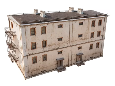 Vintage Multi Story Building With Weathered Exterior Windows Chimneys And External Stairs 3d model