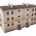 Vintage Multi Story Building With Weathered Exterior Windows Chimneys And External Stairs