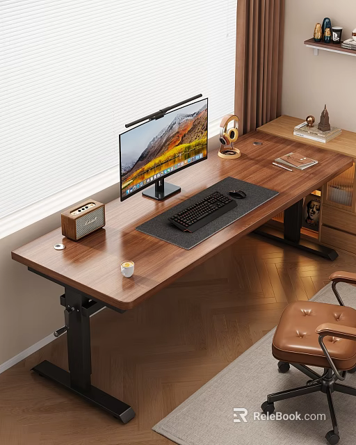 Wooden Office Desk Setup With Computer Monitor Keyboard Mouse Pad Speaker And Table Lamp 3d model 