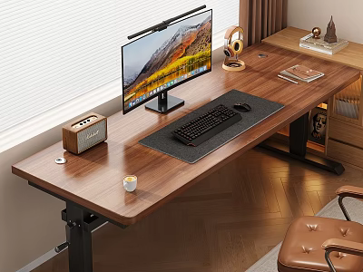 Wooden Office Desk Setup With Computer Monitor Keyboard Mouse Pad Speaker And Table Lamp 3d model