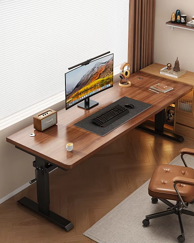 Wooden Office Desk Setup With Computer Monitor Keyboard Mouse Pad Speaker And Table Lamp 3d model