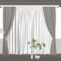 Gray Curtains with Sheer Panels in Modern Interior Alongside Floor Lamp Green Plant Cat Ornament