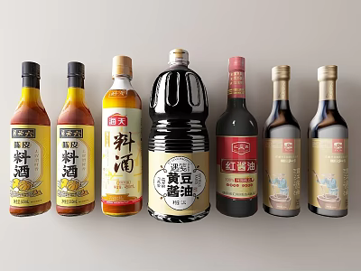 Assorted Chinese Condiment Bottles with Different Labels and Seasoning Varieties in 3d model