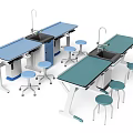 Laboratory Workbenches With Blue Green Tops Faucet And Mobile Stools Setup 3d model