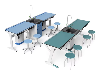 Laboratory Workbenches With Blue Green Tops Faucet And Mobile Stools Setup 3d model