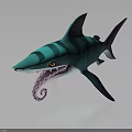 Cartoon Striped Shark With Teal Black Color Yellow Eyes And Gear Like Teeth