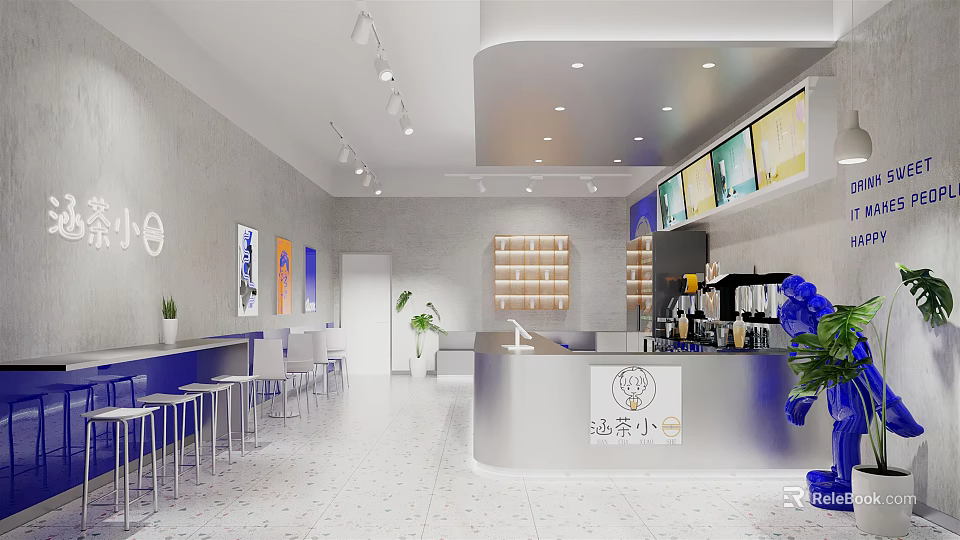 Modern Bubble Tea Shop Interior With Bar Counter Seating Decorative Paintings And Green Plants 3d model 