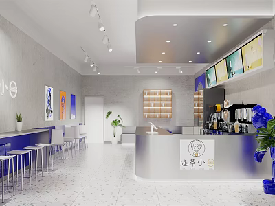 Modern Bubble Tea Shop Interior With Bar Counter Seating Decorative Paintings And Green Plants 3d model