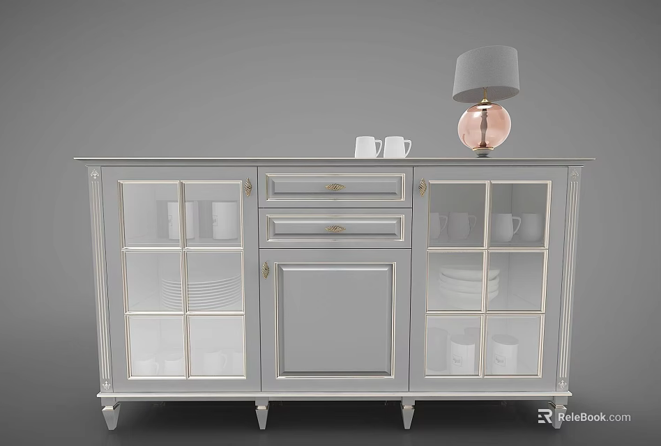 Modern Sideboard With Glass Doors Drawers Table Lamp And White Mugs 3d model 