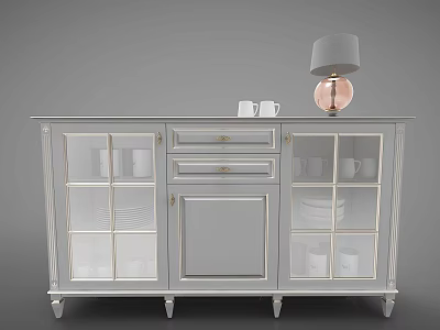 Modern Sideboard With Glass Doors Drawers Table Lamp And White Mugs 3d model