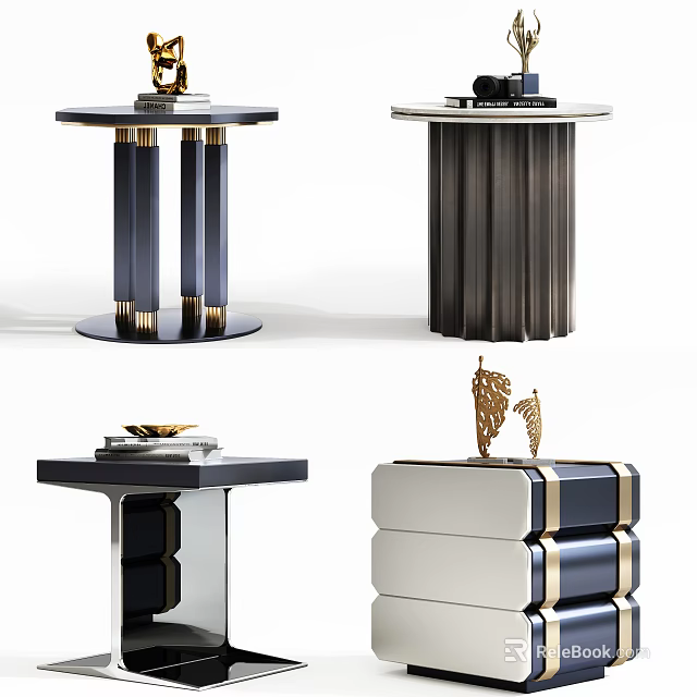 Modern Elegant Side Tables With Metallic Accents Striped Details And Decorative Pieces 3d model 