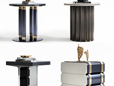 Modern Elegant Side Tables With Metallic Accents Striped Details And Decorative Pieces 3d model