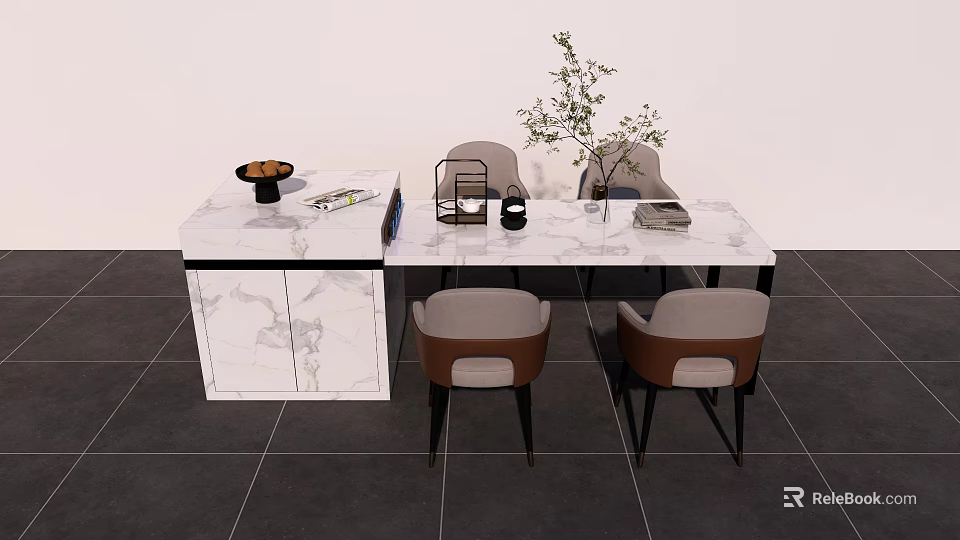 Elegant Dining Table Set With Marble Top Sideboard Upholstered Chairs And Decorative Items 3d model