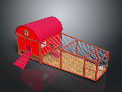 Red Chicken Coop Building With Red Roof And Enclosed Fenced Area With Straw Bedding 3d model