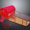 Red Chicken Coop Building With Red Roof And Enclosed Fenced Area With Straw Bedding