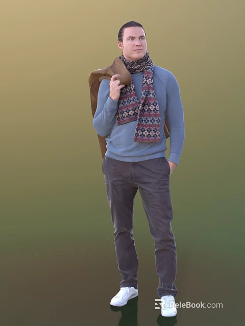Man In Blue Sweater With Colorful Patterned Scarf Holding Coconut And Backpack Outdoor 3d model 