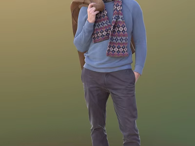Man In Blue Sweater With Colorful Patterned Scarf Holding Coconut And Backpack Outdoor 3d model
