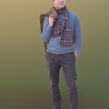 Man In Blue Sweater With Colorful Patterned Scarf Holding Coconut And Backpack Outdoor