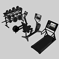 Modern Fitness Equipment Featuring Dumbbell Rack Exercise Bike Treadmill With Digital Screens And Multiple Dumbbells