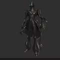 Black Mechanical Humanoid Figure With Green Glowing Accents And Gold Metallic Details