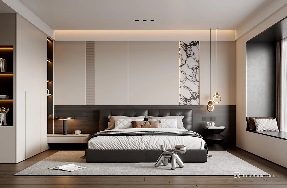 Modern Bedroom Interior Design With Dark Headboard Floral Wall Art Pendant Lamps And Soft Rug 3d model 