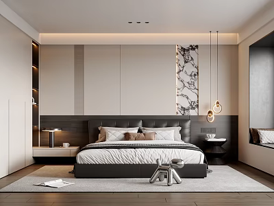 Modern Bedroom Interior Design With Dark Headboard Floral Wall Art Pendant Lamps And Soft Rug 3d model