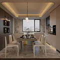 Modern Dining Kitchen Interior With Marble Backsplash Island Cabinets And Hanging Lights