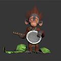 Cartoon Monkey Game Movie Character in Red Overalls Sitting with Banjo on Green Leaves