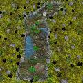 Tranquil Waterside Landscape With Stone Lined Stream Lotus Leaves And Lush Greenery