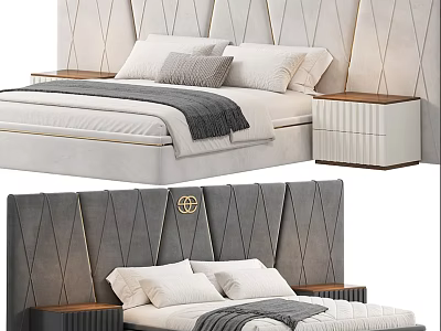 Stylish Double Bed with Geometric Upholstered Headboard Gold Accent Wooden Nightstands and Gray White Bedding 3d model