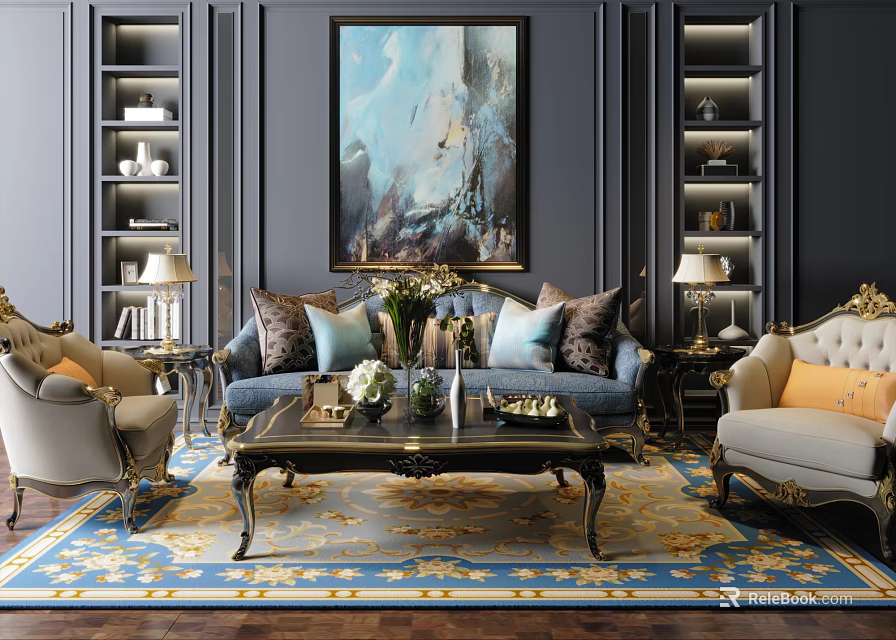 Elegant Sofa and Coffee Table Set With Decorative Painting Bookshelves Table Lamps and Pillows 3d model 