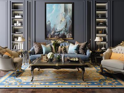 Elegant Sofa and Coffee Table Set With Decorative Painting Bookshelves Table Lamps and Pillows 3d model