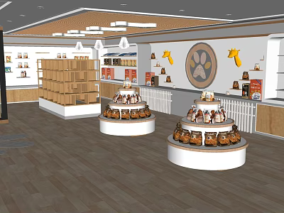 Modern Shopping Mall Store Interior With Round Display Tables And Product Shelves 3d model