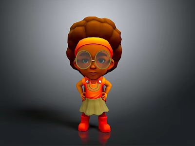 Cartoon Character Featuring Brown Curly Hair Large Glasses Orange Top Green Skirt Red Boots 3d model