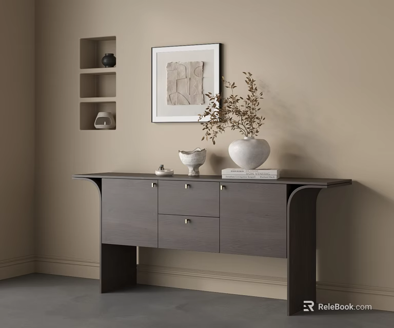 Modern Gray Console Cabinet With Decorative Vase Framed Art And Wall Niche 3d model 