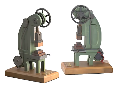 Vintage Green Industrial Mechanical Presses With Wheels Metal Structure And Wooden Base 3d model