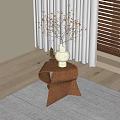Rustic Wooden Curved Stool With White Vase Dried Branches Window Curtains Wooden Floor Gray Rug