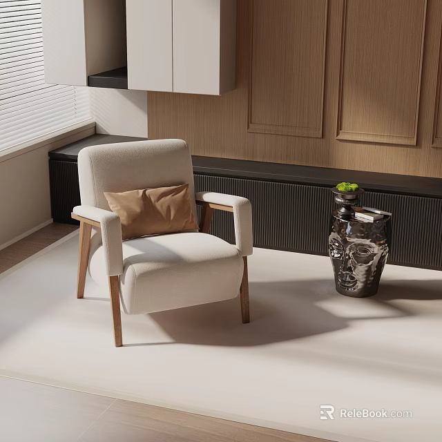 Modern Beige Fabric Lounge Chair With Wooden Legs And Decorative Pillow In Living Room 3d model 