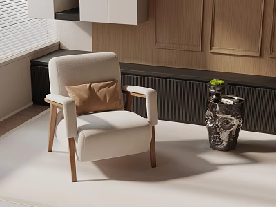 Modern Beige Fabric Lounge Chair With Wooden Legs And Decorative Pillow In Living Room 3d model