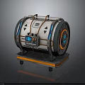 Mechanical Sci-Fi Device With Circular Design Digital Display And Orange Blue Accents On Wheeled Base