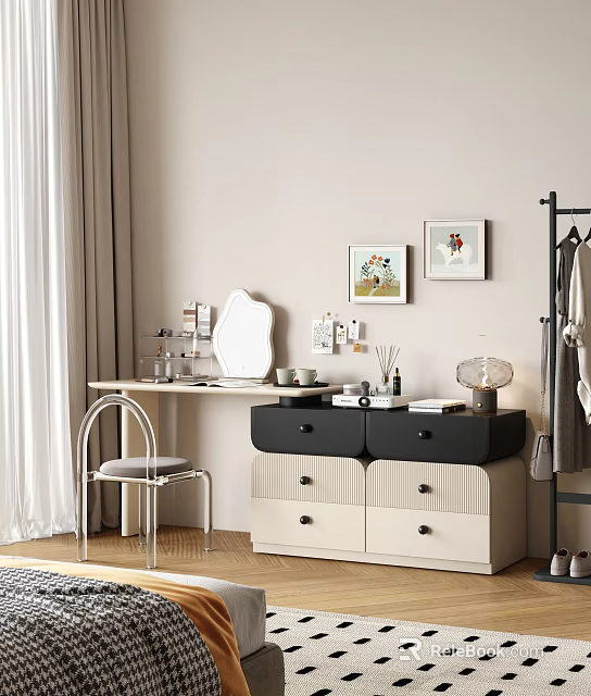 Stylish Dressing Table With Black And White Drawers Mirror Chair And Decorative Items 3d model 