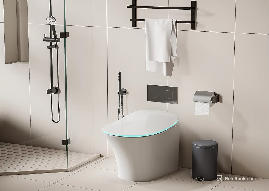 Modern White Toilet With Glass Shower White Towel Black Rack And Trash Bin In Bathroom 3d model 