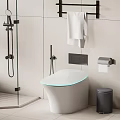Modern White Toilet With Glass Shower White Towel Black Rack And Trash Bin In Bathroom