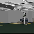 Indoor Parking Lot With Green Floor Yellow Lines Black Car White Pillars And Ceiling Lights