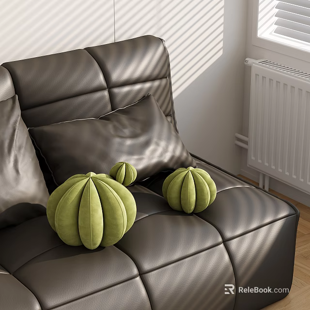 Green Pumpkin Shaped Cushions on Soft Leather Sofa in Living Room 3d model 