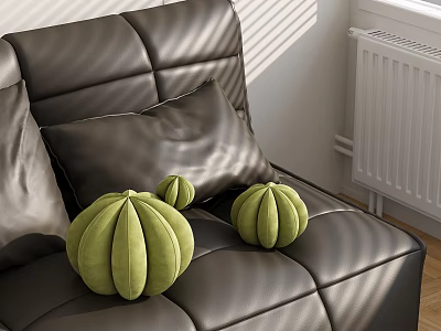 Green Pumpkin Shaped Cushions on Soft Leather Sofa in Living Room 3d model