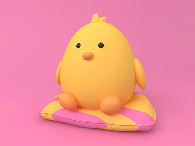 Yellow Chick Stuffed Toy Sitting on Pink and Yellow Striped Cushion with Pink Background 3d model
